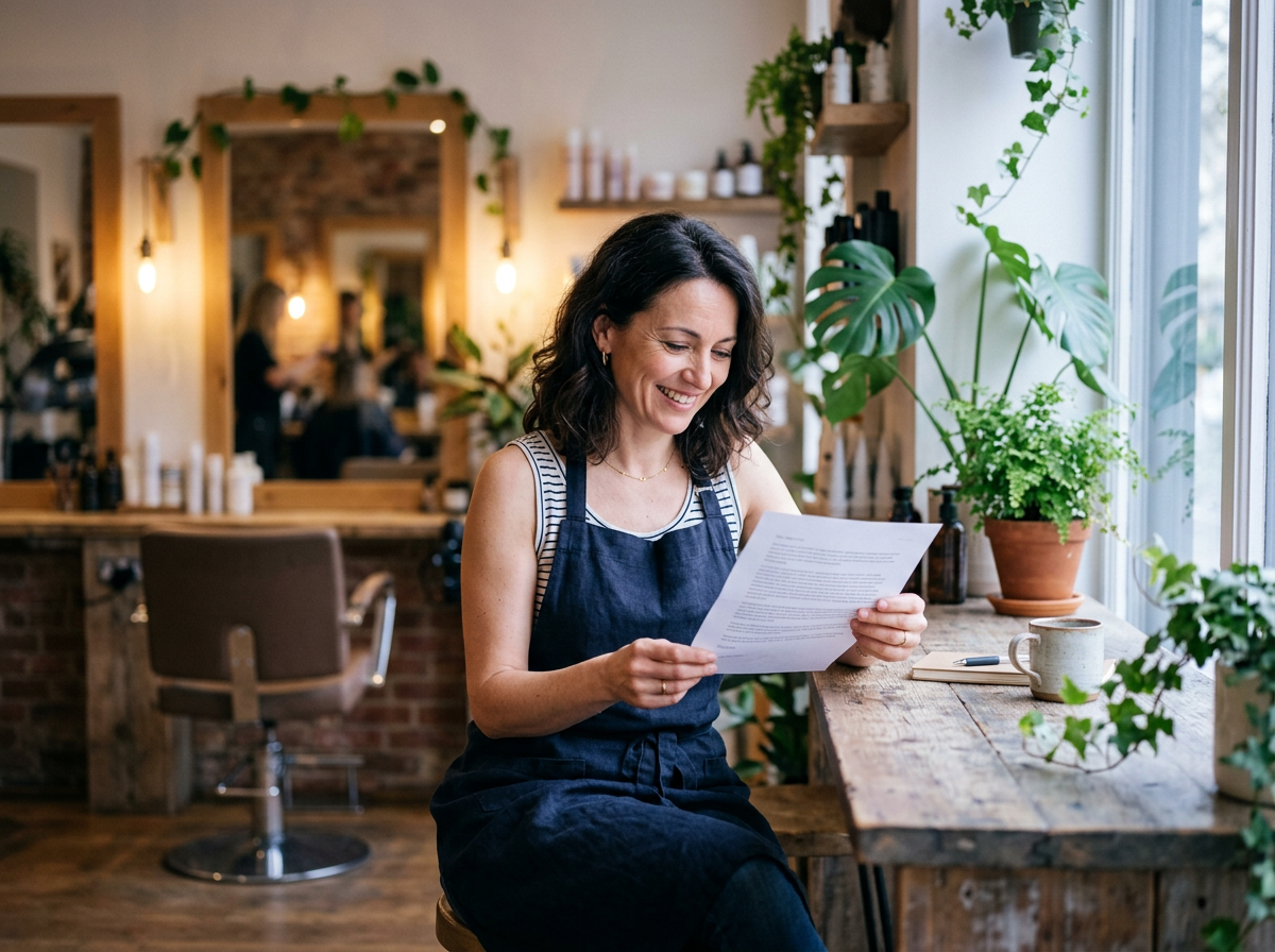 A hair salon owner sitting at a window table, smiling as she reads a one-page letter