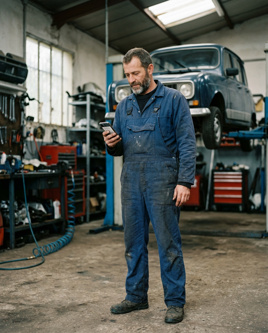 A garage owner in blue overalls reading a message on his phone in his workshop