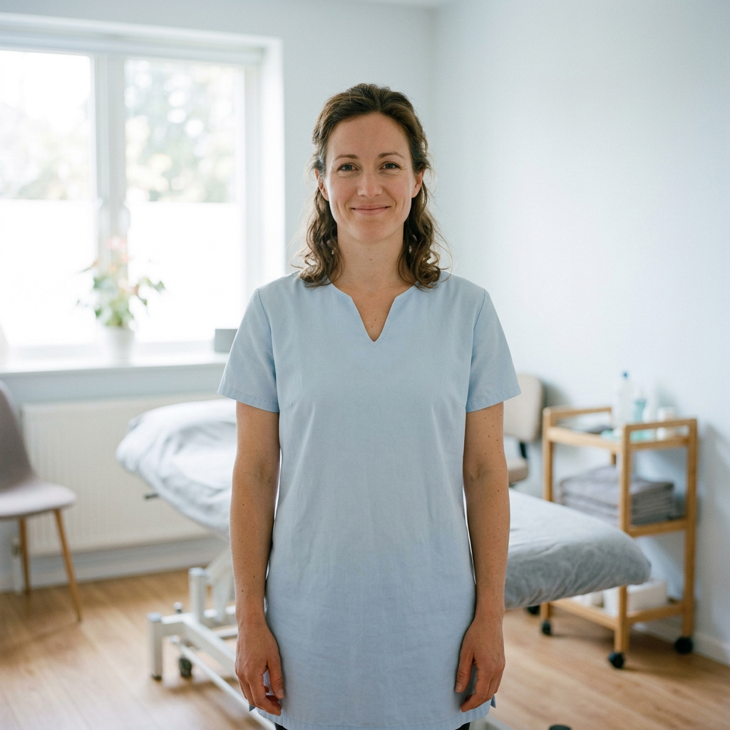 A physiotherapist in a pale blue tunic standing in her bright treatment room