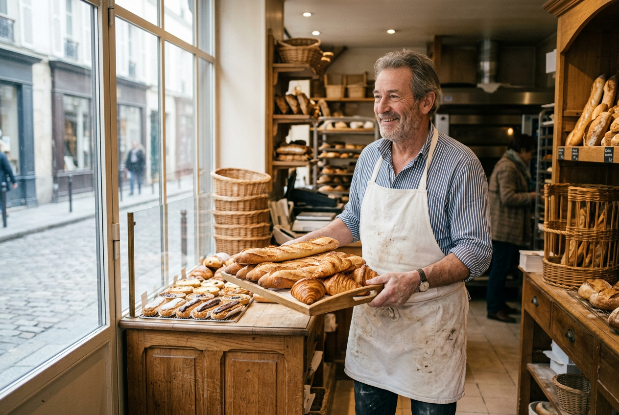 A baker in a white apron carrying a tray of baguettes and croissants