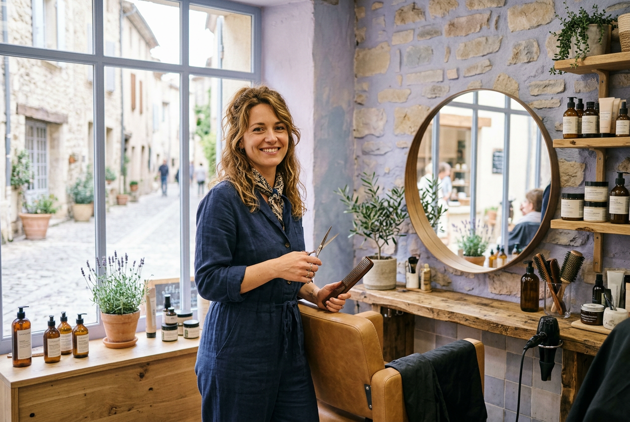 A hairdresser holding scissors and a comb beside a mirror in her salon