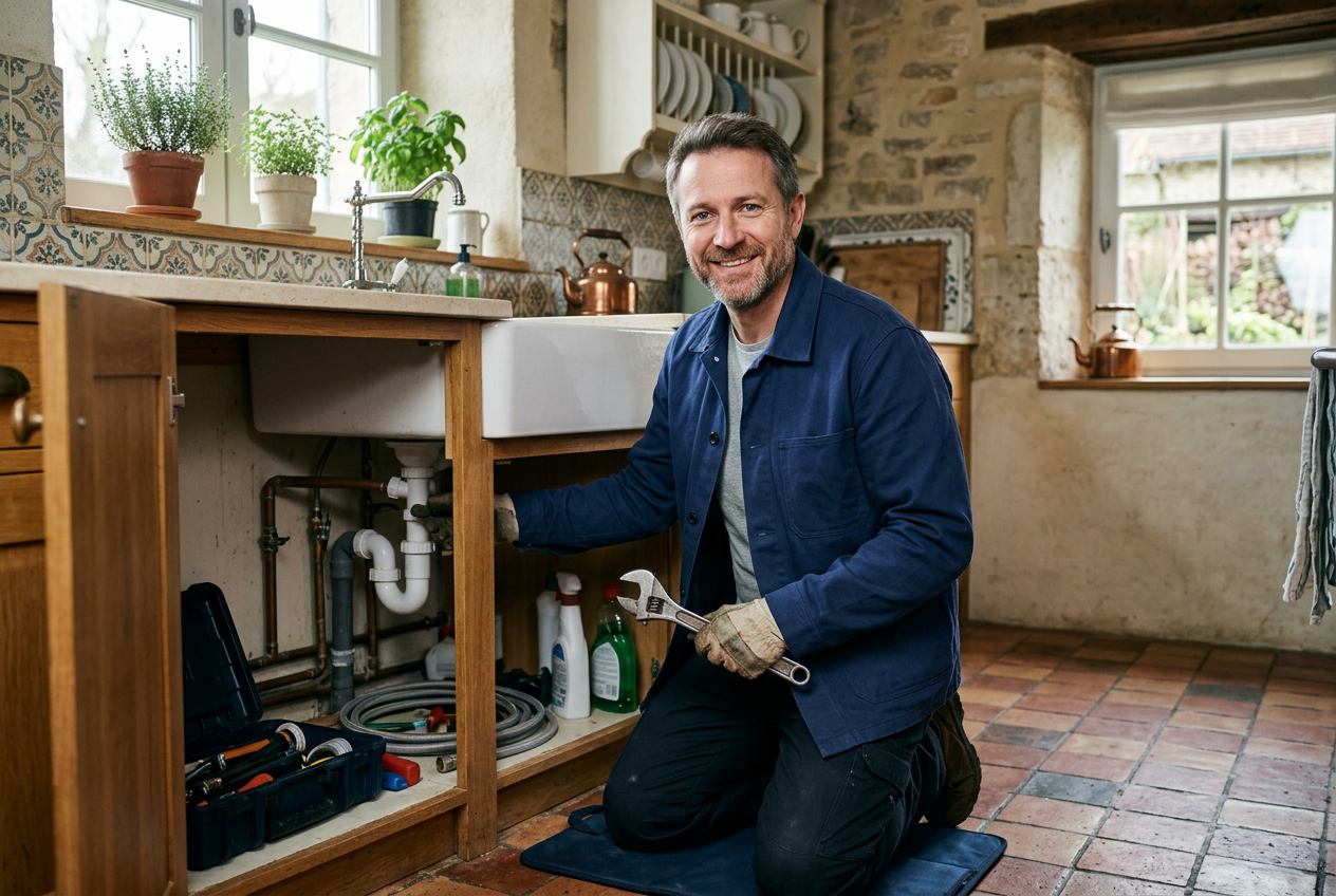 A plumber kneeling at an open sink cabinet, holding a wrench